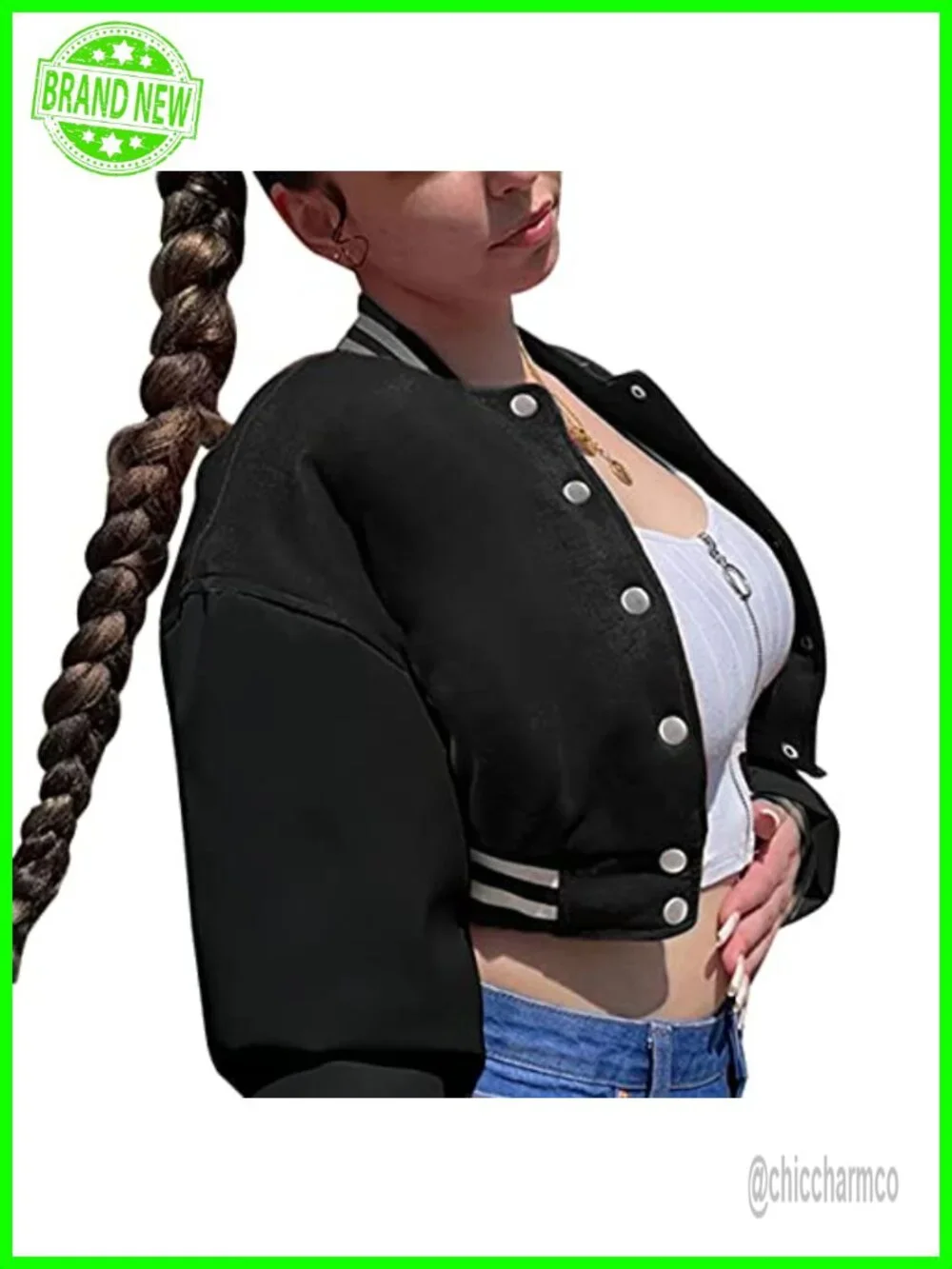 Women Color Block Crop Fleece Baseball Jacket Button Down Bomber Coat